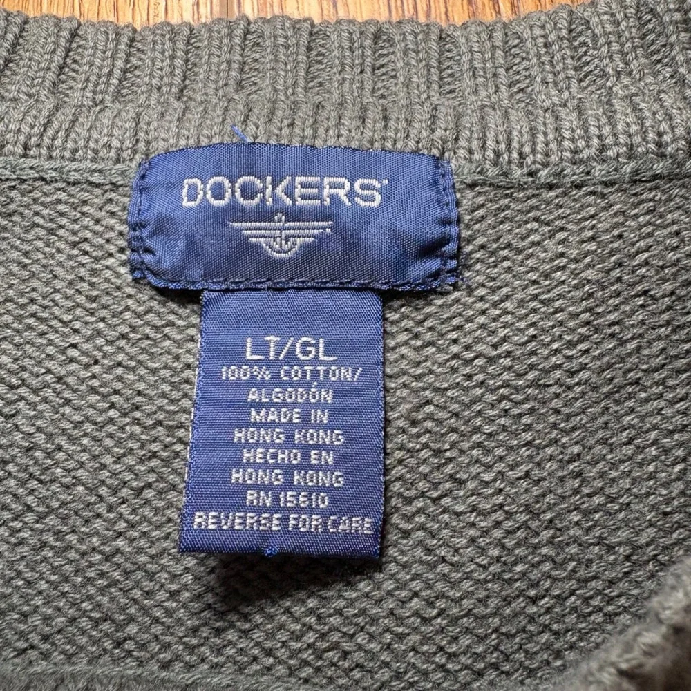 90s Dockers Mens L Tall LT Olive Green Plaid Cotton Crewneck Sweater Knit preppy